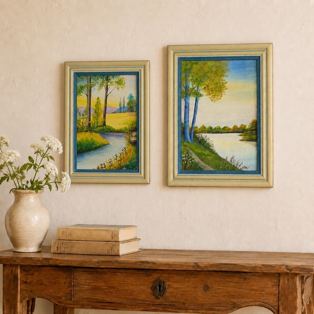 Vintage Pair Hand Painted Canvas Landscape Art Framed Lake River Scenes